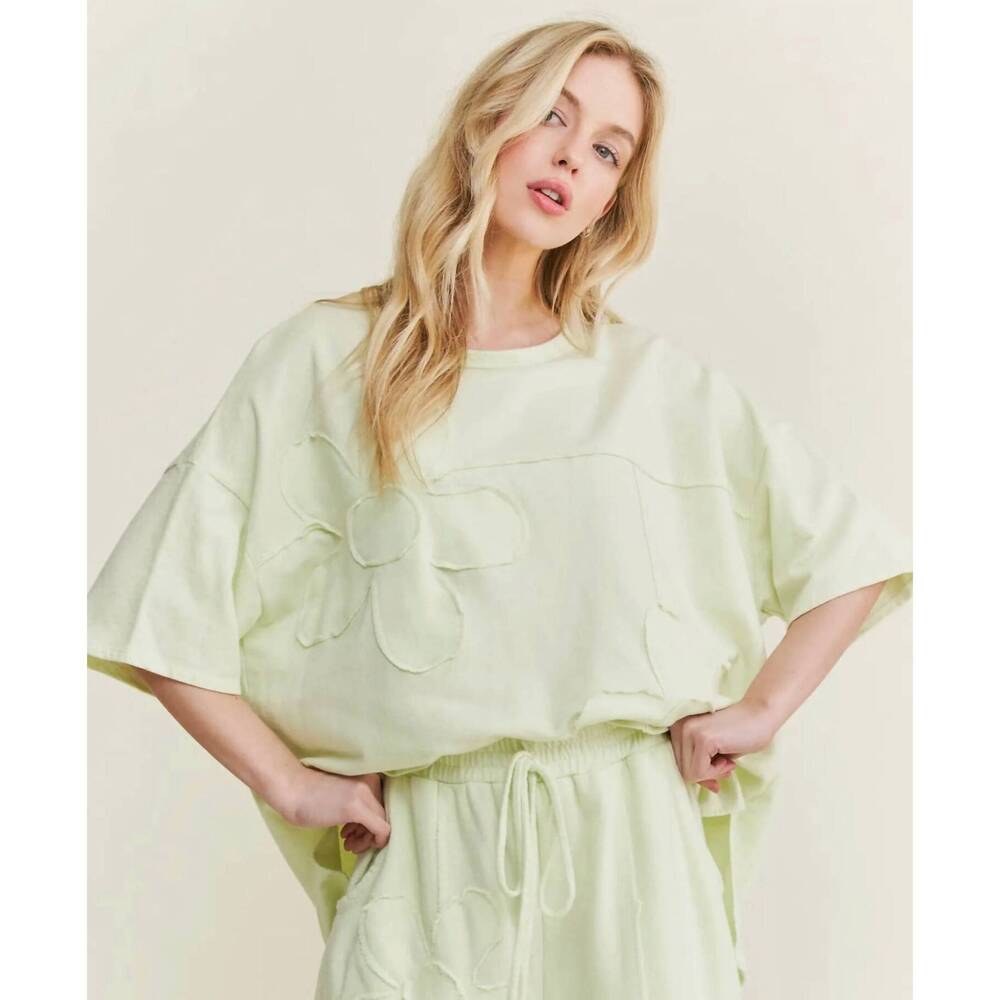NEW J.HER cotton french terry double flower patch top in lime green
